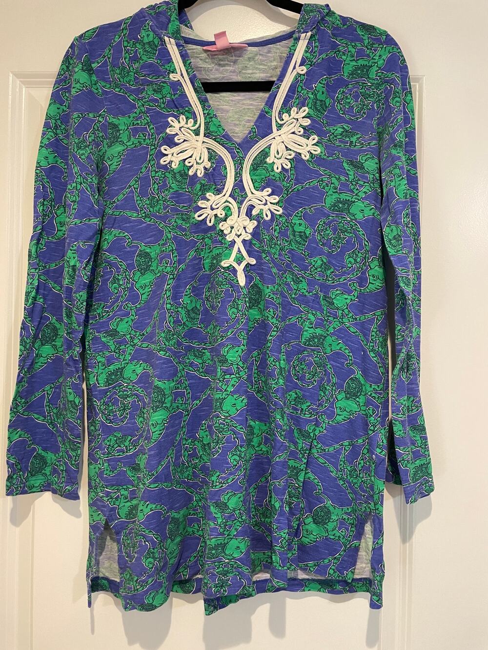 Lilly Pulitzer Blue Green Hooded Tunic Cover Up Cotton Long Sleeve Med - Beach